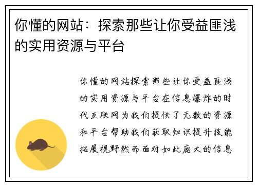 你懂的网站：探索那些让你受益匪浅的实用资源与平台